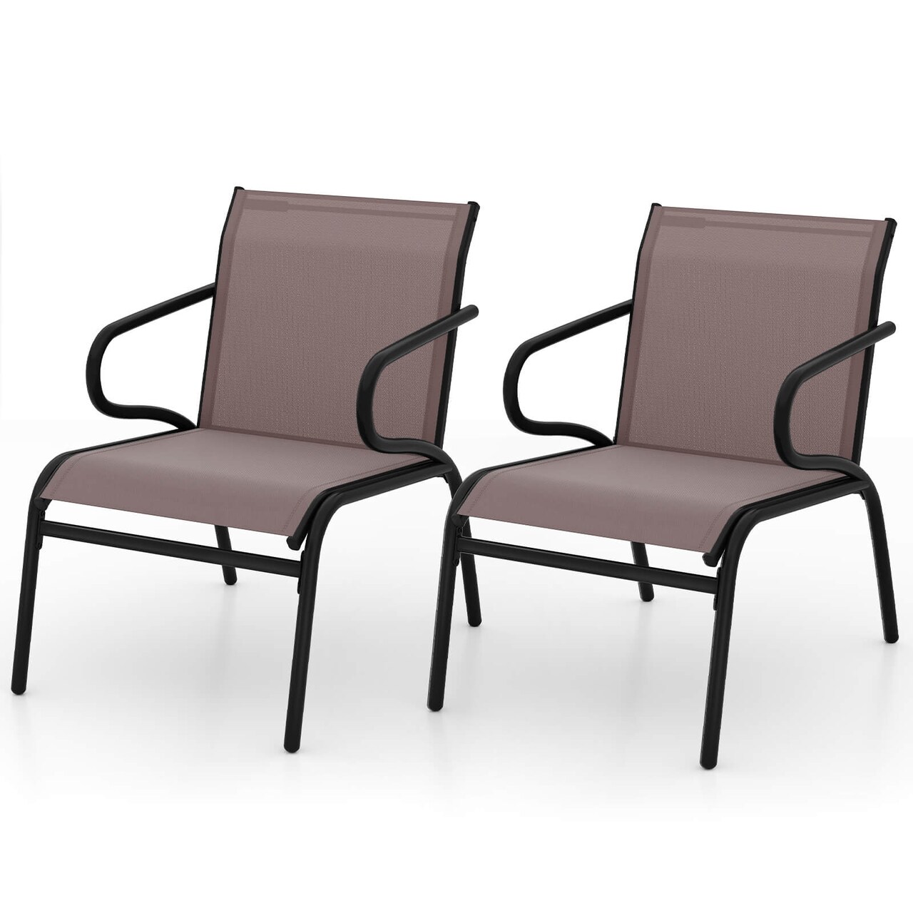 Costway Patio Chairs Set of 2/4/6 with Breathable Fabric & Metal Frame Armrests for Poolside Brown/Gay